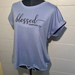 Short sleeve top with draw string bottom.  Periwinkle “blessed” - L